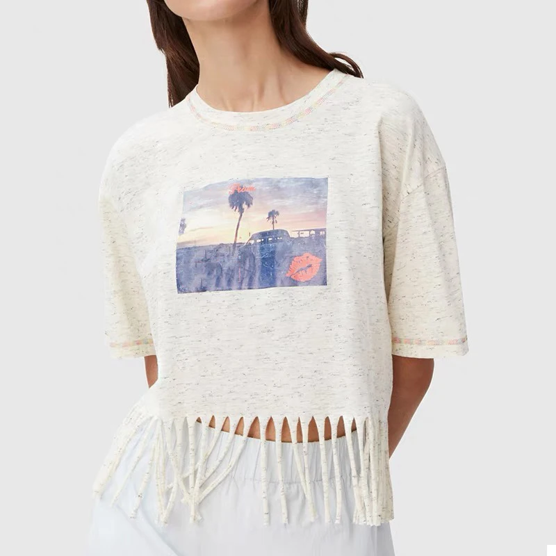 

2022 summer new tassel poster landscape letter pattern printing 100% cotton loose round neck short-sleeved T-shirt women's top