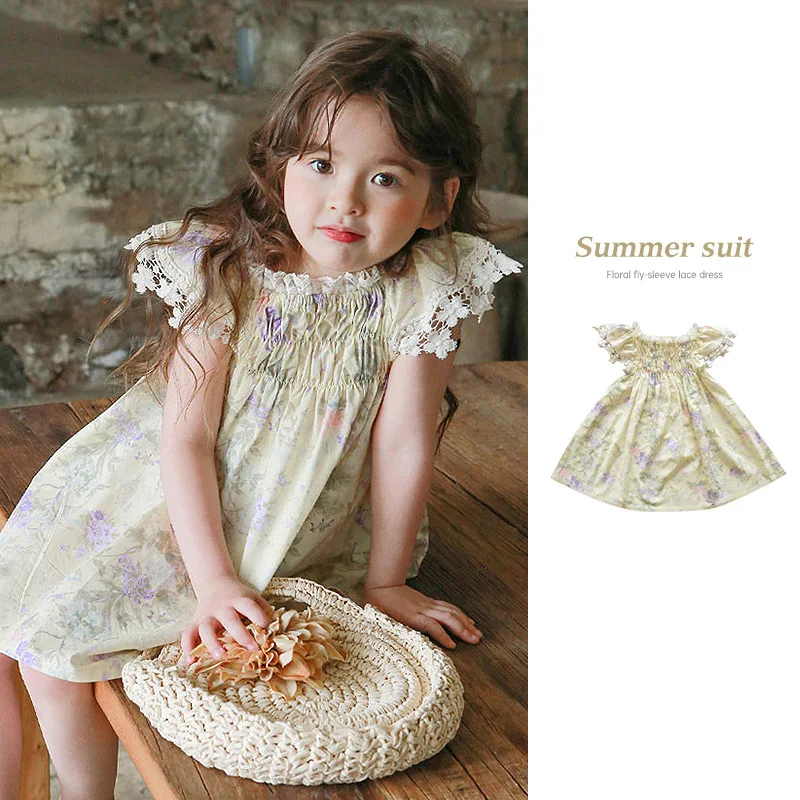 

Girls Dress 2022 Summer Lace Trim Children's Dress Light Yellow Floral Princess Dress Korean Fashion Dress Children's Clothing