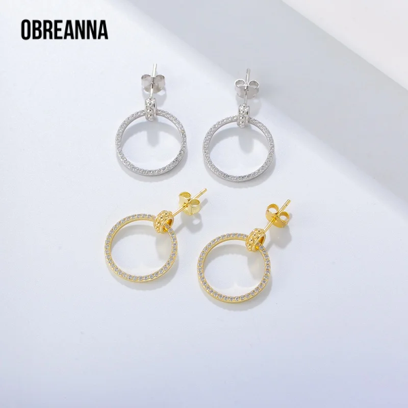

S925 Sterling Silver Micro Inlaid Zircon Hollow Geometric Circle Ring Stud Earring Accessories Classic Style Delicate Unique