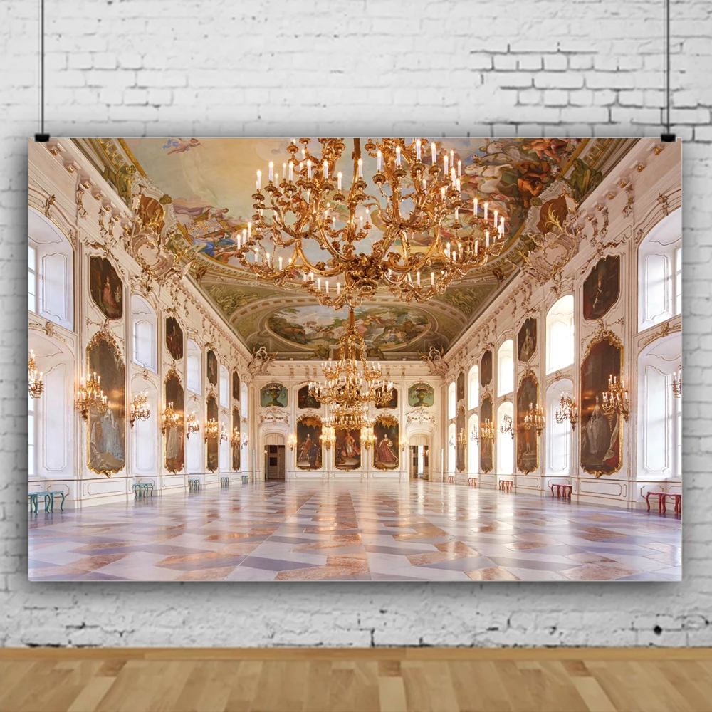 

Luxurious Palace Wedding Birthday Portrait Photography Background Crystal Chandeliers Staircase Princess Girl Backdrop Photocall