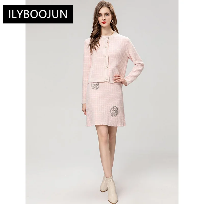 

2023 Luxury Brand High Quality Autumn Plaid Suit Women O-Neck Long Sleeve Jacket + Beading Skirt High Street Two-Piece Set