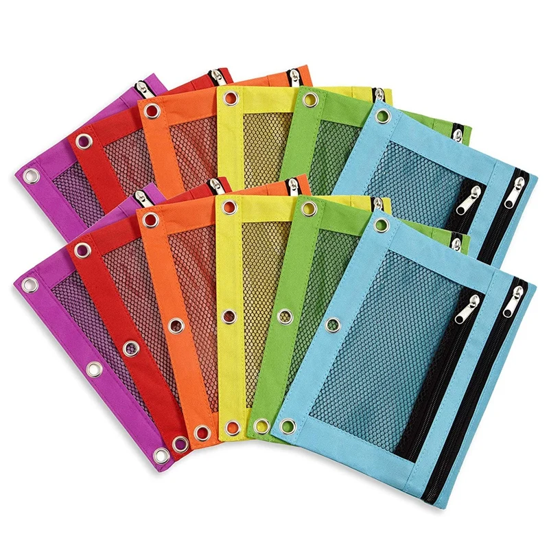 

12 Pack Pencil Pouch 3 Hole Binder Zipper Pen Pouches Cloth Pencil Case For Office College School Supplies Cosmetics
