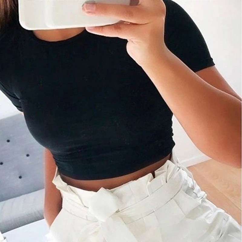 

Women Cropped Summer T-shirts Short Sleeves Slim Fit Casual Pullover Crop Tops Tees Streetwear Femme Shirt