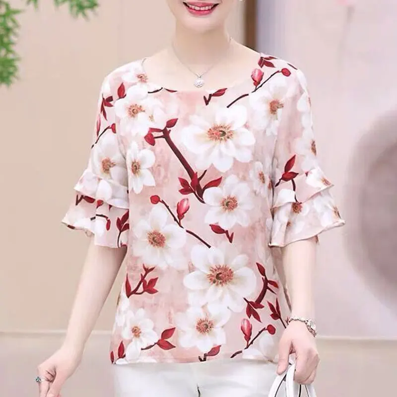 Female Clothes Korean Fashion Elegant Chiffon Blouse Ladie Ruffles Printed Simple All-match Top Summer Short Sleeve Pullover enlarge