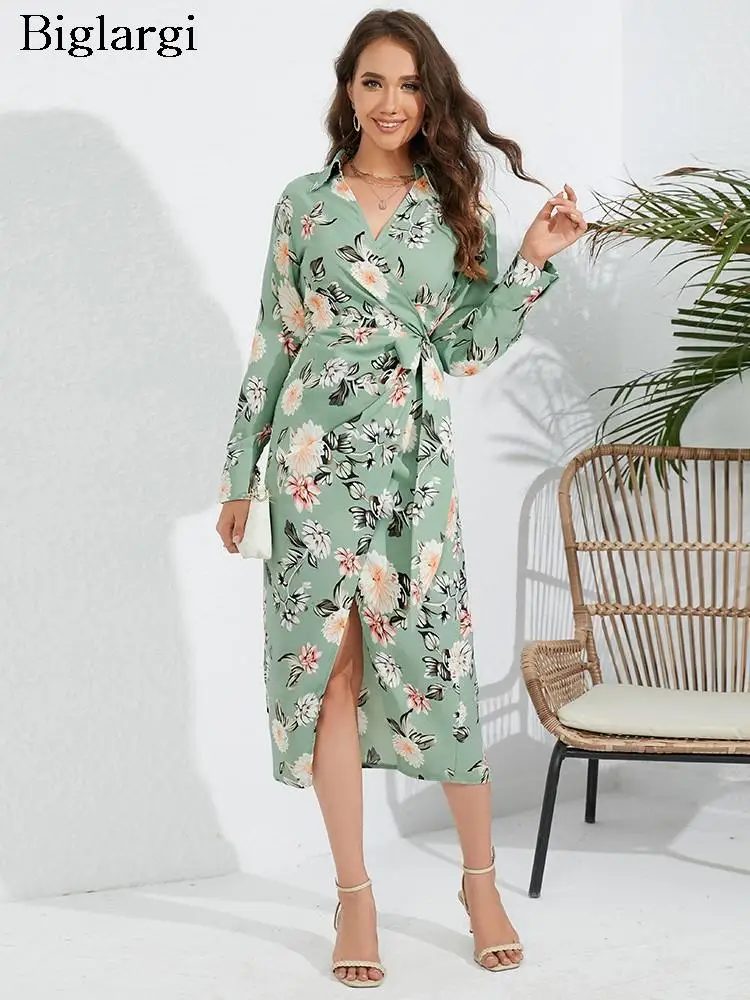 

Осеннее платье-миди с цветочным принтом, женские модные облегающие пикантные платья, женское платье с V-образным вырезом и длинным рукавом, 2023