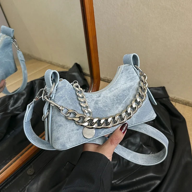 

Fashion Denim Shoulder Bag Half Moon Crossbody Bags for Women Designer Canvas Handbags Acrylic Chains Flap Tote Purses Female