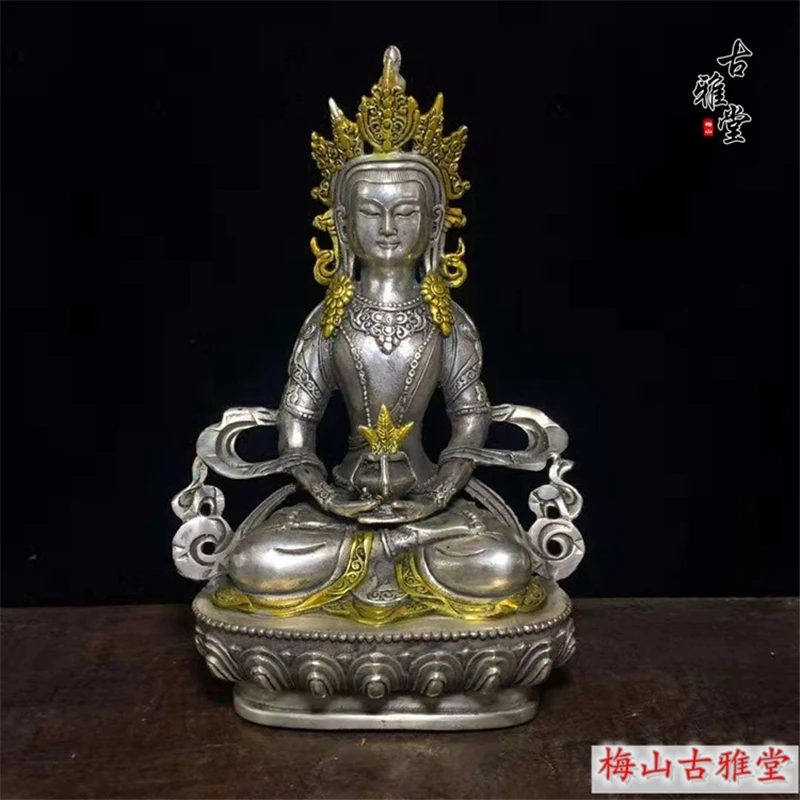 

Тибетская буддийская Фейн из серебра Гуаньинь статуя Будды Бодхисаттва, металлическая ручная работа Авалокитешвара