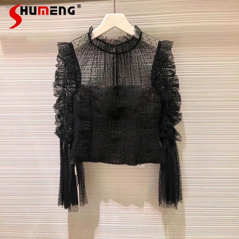 

2022 Early Spring New Female French Style Retro Dots Elegant Shirt Women's Fashion Sexy Flare Sleeve Mesh Slimming Blouse Top