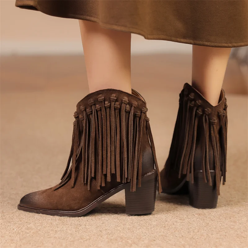 

Women Ankle Boots 2022 Trend Designer High Heel Women Shoes Winter Fashion Boutique Pointed Elegant Lady Tassel Boots