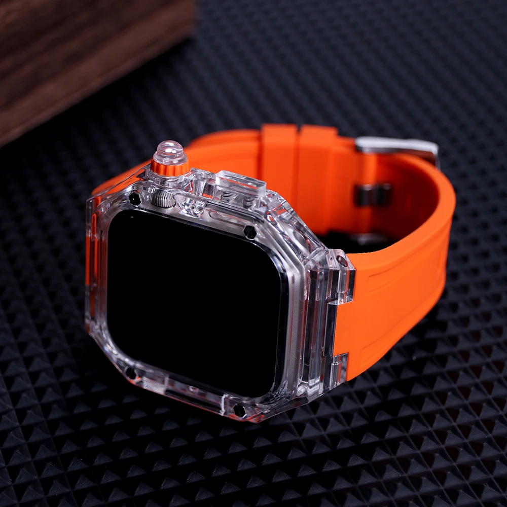 Transparent Modification Kit For Apple Watch 8 7 41mm 45mm Case+Sport Rubber Bracelet For Apple Watch Band 44mm 40mm Mod Kit