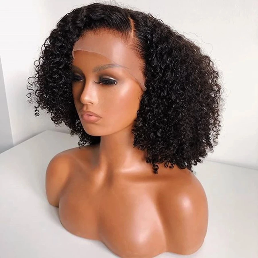 

Natural Black Kinky Curly Sythetic Lace Front Wig Heat Resistant Fiber Full Thick Desnity Afro Curls Natural Hairline