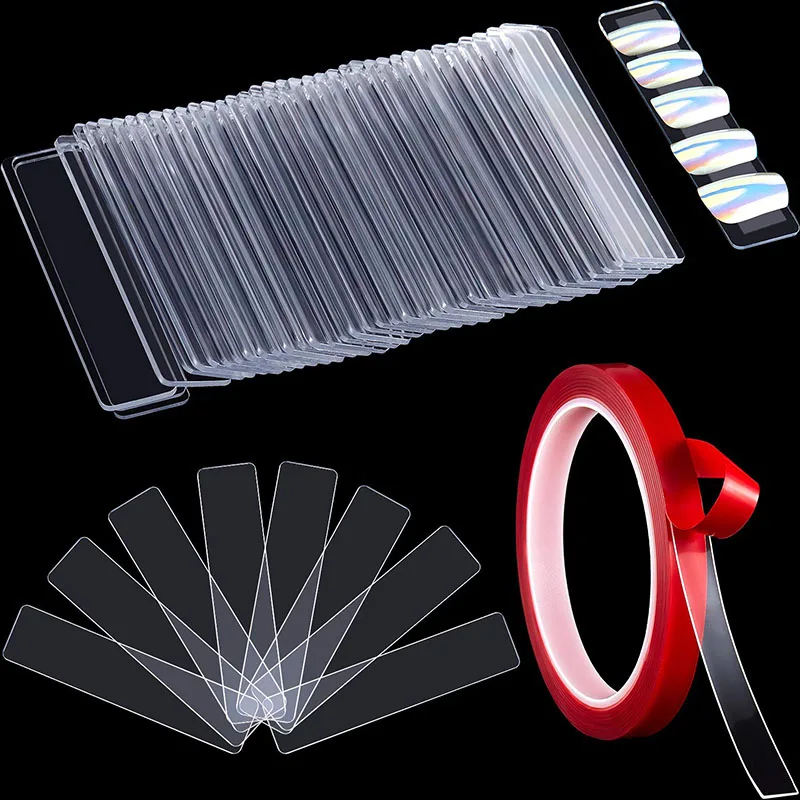 

150Pcs Transparent Nail Art Display Stand with 1 Rolls Double-Sided Tape Nail Tips Display Strips Nail Practice Display Stand