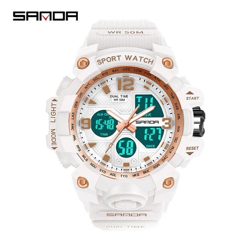 Sanda 942 sport shockproof watch multi-functional fashion trend luminous double display movement watch for men and women