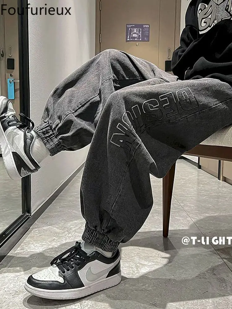 

Foufurieux 2022 Spring Autumn New Fashion Women High Waist Loose Casual Jeans Vintage Gray Embroidery Cotton Denim Harem Pants