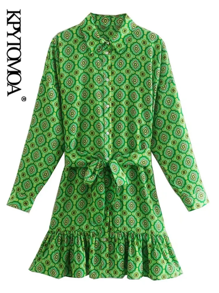 

KPYTOMOA Women Fashion With Belt Geometric Print Mini Shirt Dress Vintage Long Sleeve Ruffled Hem Dresses Vestidos Mujer