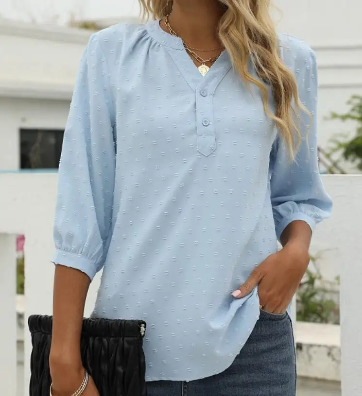 

Women's Shirts 2022 Spring/Summer New V-Neck Mid-Sleeve Solid Color blouse Jacquard Fur Ball Loose Shirt Top