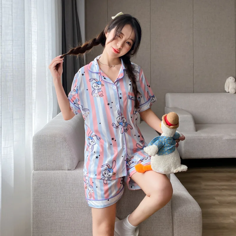 Pajamas female lapel cardigan short set lovely sweet wind student home suit can be worn outside