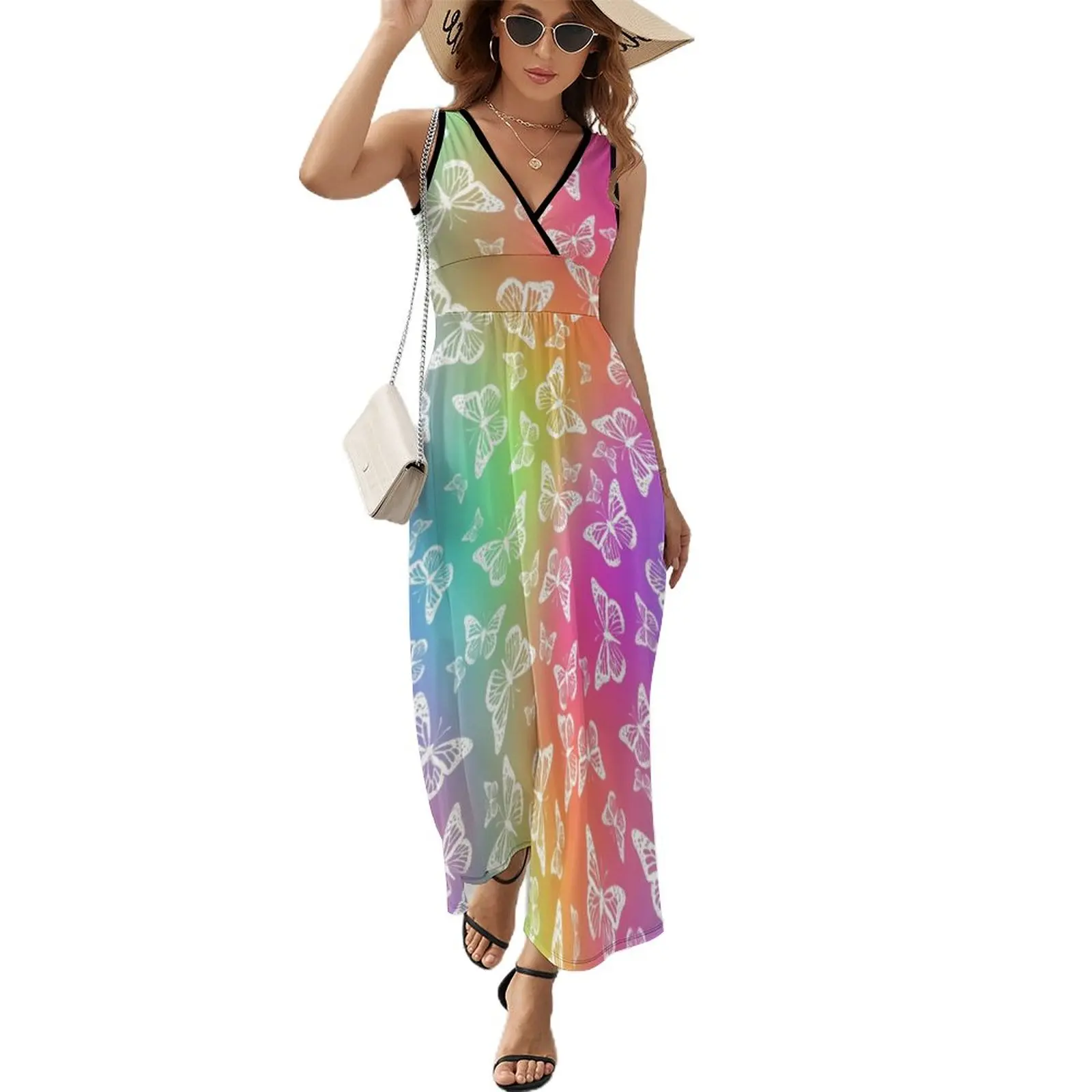 

White Butterfly Dress Female Rainbow Print Elegant Maxi Dress V Neck High Waist Korean Fashion Graphic Bohemia Long Dresses