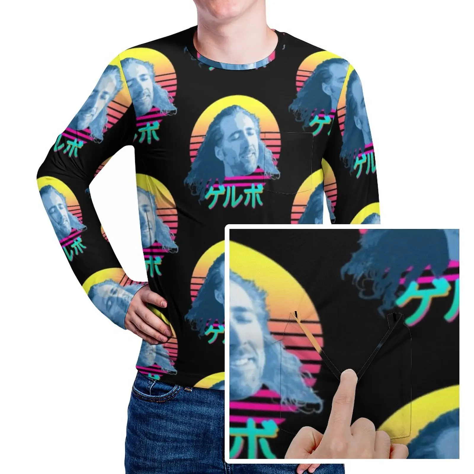 

Nicolas Cage T Shirt Funny Meme Print Hip Hop T Shirts With Pocket Long Sleeve Graphic Tops Spring Basic Oversized Top Tees