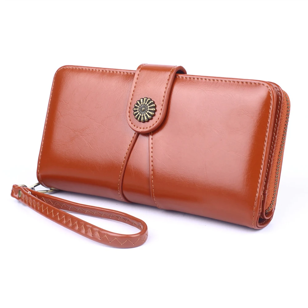 Carteras Oil Leather Long Wallet With Auspicious Flower Buckle Multi-Purpose Large Capacity Purse Women Wallet