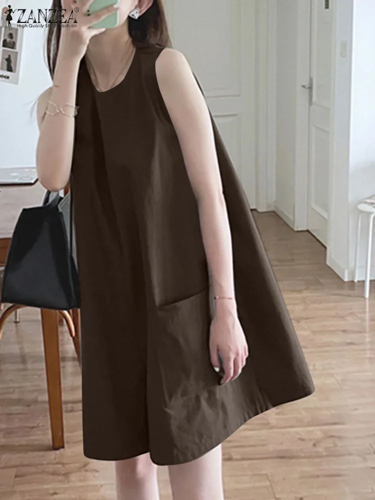 

Комбинезон ZANZEA женский с круглым вырезом, праздничный модный однотонный короткий Ромпер без рукавов, повседневный свободный короткий комбинезон с широкими штанинами, на лето