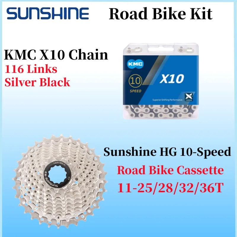 

SUNSHINE 10 Speed Flywheel Road Bike Freewheel KMC X10 Chain 11-25/28/32/36T Road Bicycle Cassette for Road Bike Parts