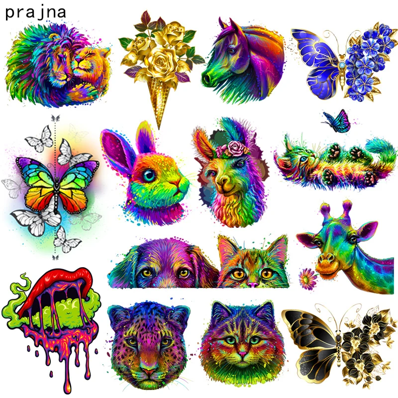 

Colourful Animal Series Heat Transfer patch Cat Butterfly Iron On Transfers For Clothing Punk Thermal Sticker For Clothes DIY