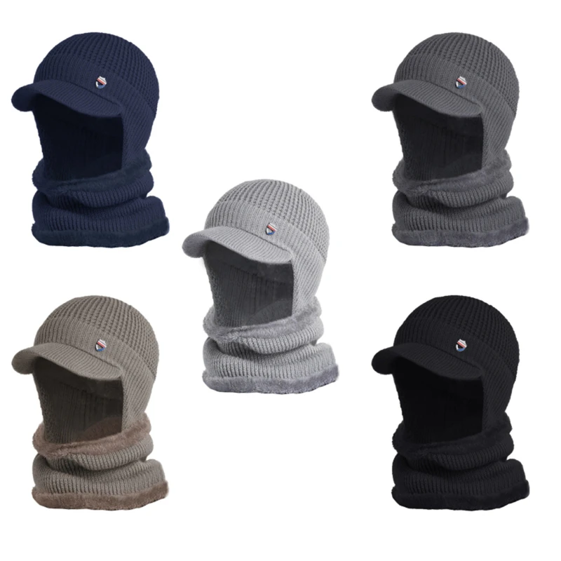 

2Pcs 1Set Men Winter Ear Protection Cold And Warm Knitted Hat Visor Earflap Beanie Hat With Scarf Knit Plush Lined Warmer Hat