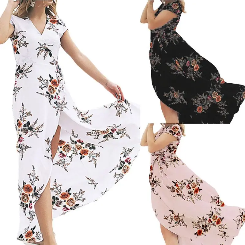 

Womens Holiday Short Sleeve Sexy Wrap V-Neck Maxi Flowy Dress Boho Floral Lace U 10CD