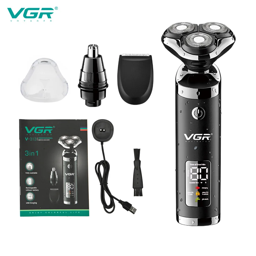 VGR Electric Shaver USB Razor Three-in-one Multi-function Beard Knife Charging LCD Digital Display Washing 313