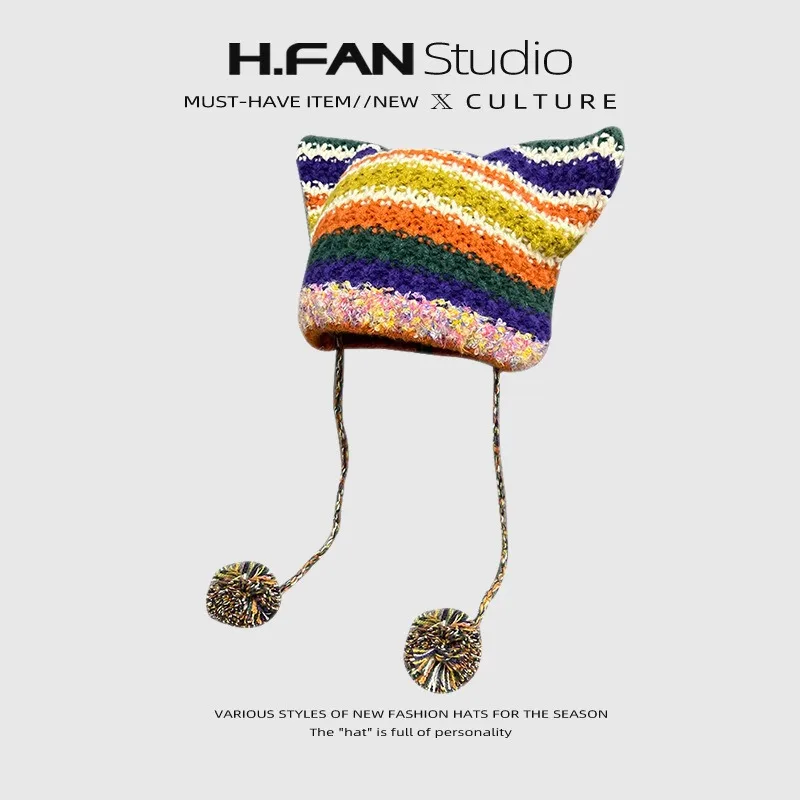 

Шапка-бини с кошачьими ушками Женская, теплая вязаная шапка в полоску, с защитой для головы, в японском стиле, маленький дьявол, Осень-зима