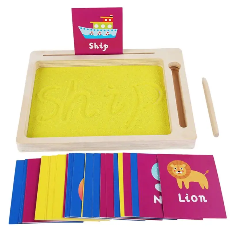 

Wooden Montessori Sand Tracing Tray Toys with Wooden Pen for Writing Letters and Numbers Includes Alphabet Flashcards for Letter