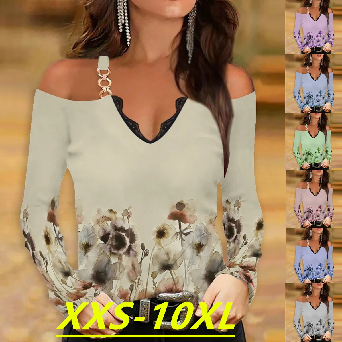 

Snake Yx Women's Autumn New Print Fashion Casual V-Neck Strap Off Shoulder Long Sleeve Top Plus Size XXS-10XL