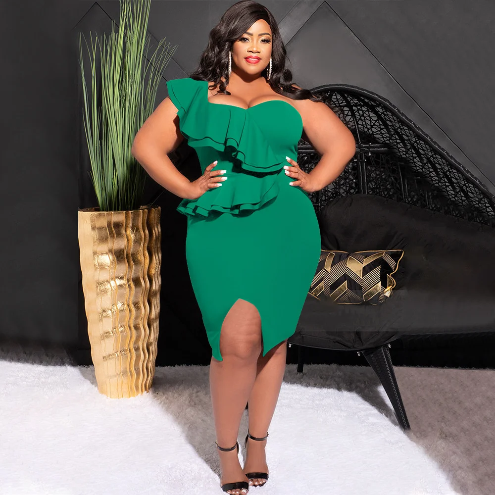 Plus Size Women's Party Dresses Fashion Casual Ruffle Slit One Shoulder Sleeve Dress Large Size Female Solid Color Elegant Dress