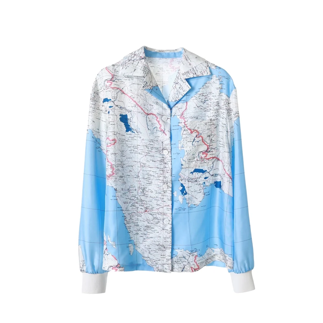 

Female Clothing Shirt Top Women Blouse Women Clothing Woman Clothes Fashion 2022 Women's Shirt World Map Printing Silk Shirts