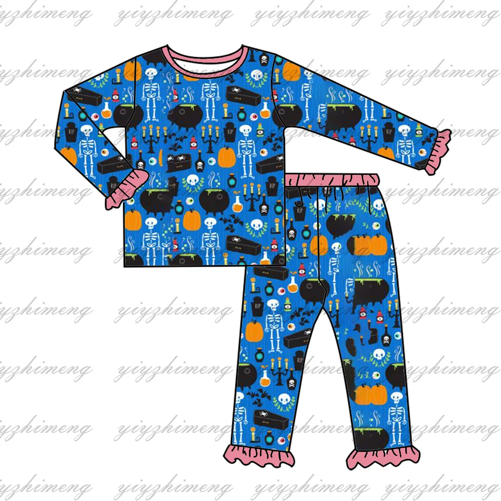 

Halloween style Girls boys milk silk fabric blue pajamas set Brother and sister set Long sleeve pants 2 pieces