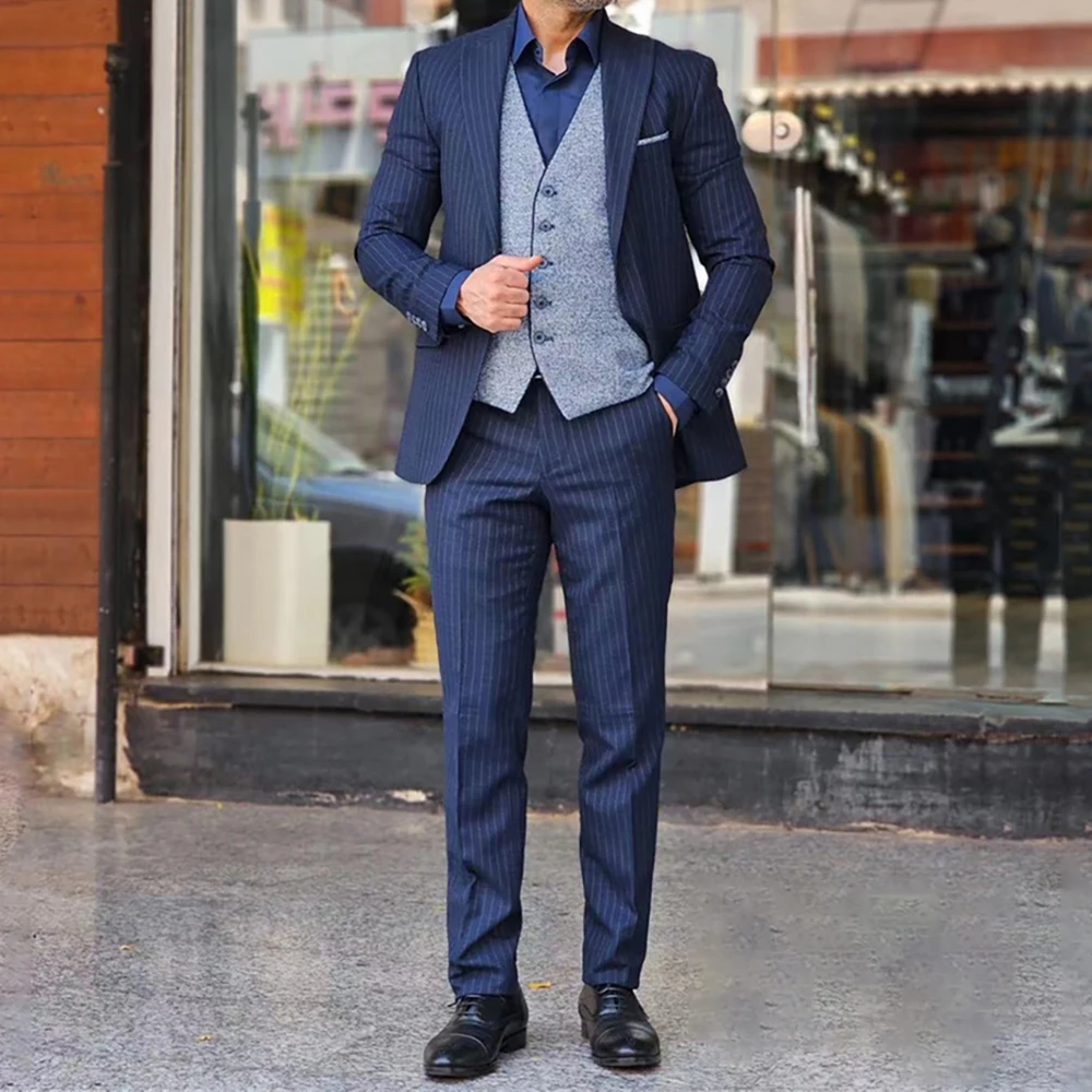 Элегантные темно-синие полосатые мужские костюмы деловой Блейзер смокинг для