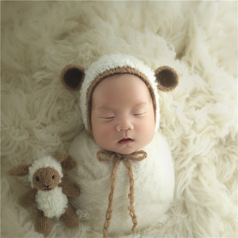 Dvotinst Newborn Photography Props Baby Knitted Cute Animals Doll Hat Bonnet 2pcs Fotografia Accessories Studio Shoot Photo Prop