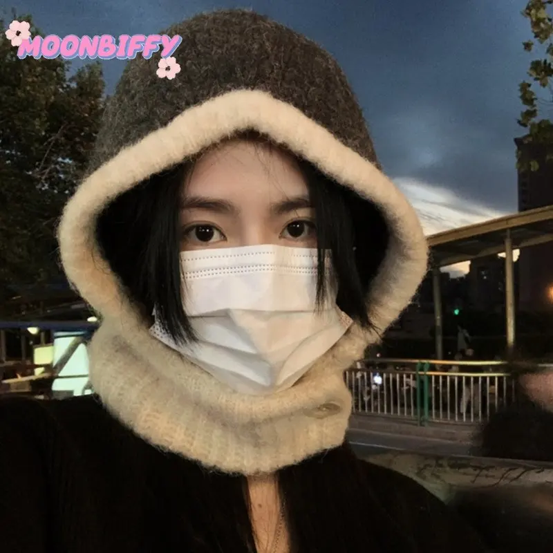

New Winter Balaclava Women Beanie Warm Hat Button Soft Wool Scarf Caps Korea Chic Ski Hiking Winter Cap Unisex Beanies Knit Hat