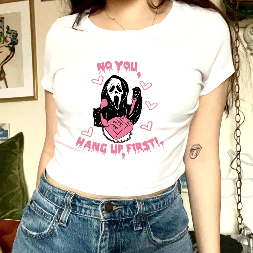 

No You Hang Up First Women Cropped Top Gothic Punk Clothes Halloween T Shirts Wicca Skeleton Funny Witch Baby Tee Party Tops