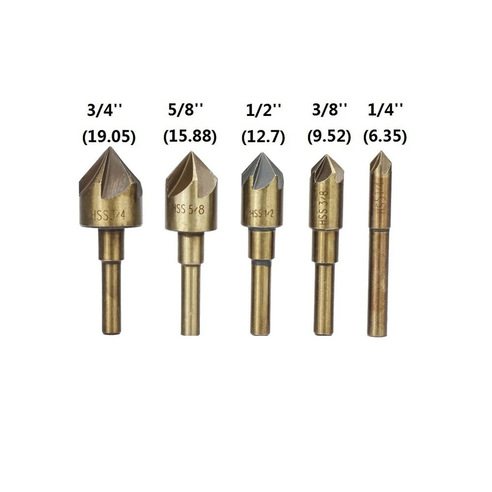 

5PCS Countersink Drill Bit Kit HSS 82 Degree 5 Flute 6mm Round Shank Mill Cutter Bit 1/4", 3/8", 1/2", 5/8", 3/4" Drill Bit