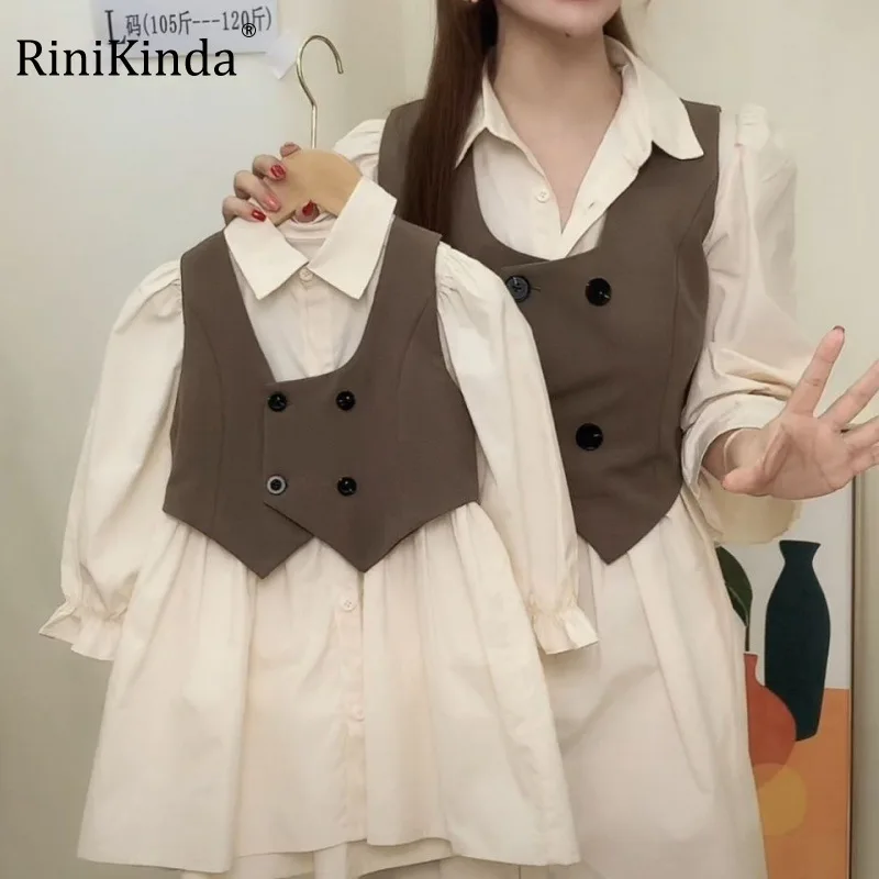 

RiniKinda 2022 Fashion Children Baby Girl Clothes Solid Color Long Sleeve Lapel Shirt Dress Cotton Vest 2Pcs Outfits Clothes