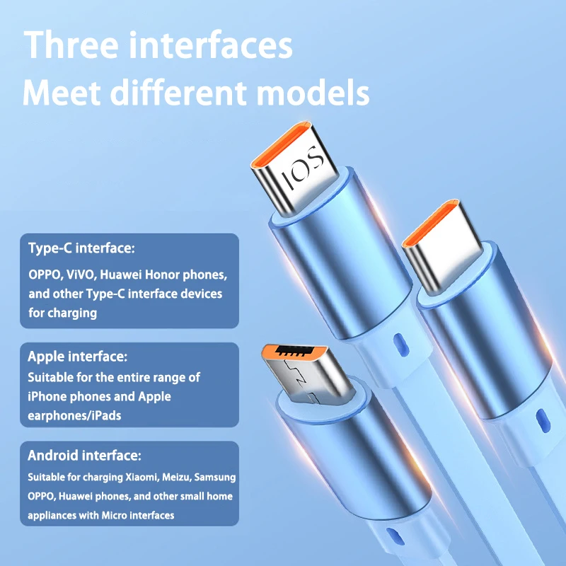 3-в-1 Выдвижной USB-кабель 6A 100 Вт для iPhone 14 13 12 Pro Max USB к 8 pin/Type C/Micro Быстрая зарядка Kable