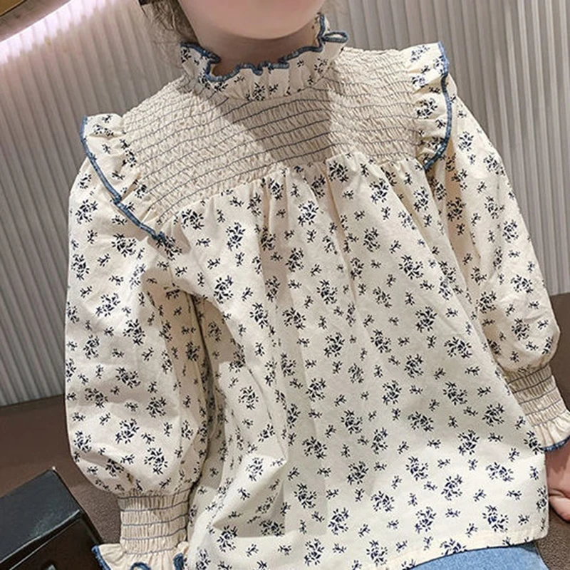 

100% Cotton Kawaii Korean Harajuku Baby Girl Wood Ears Floral Print Long Lantern Sleeve T Shirts Fashion Children Oversized Tops