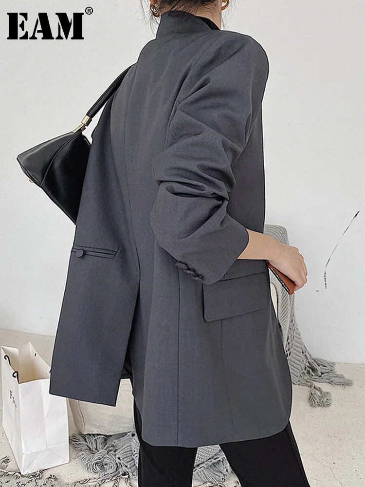 

[EAM] Women Gray Back Slit Big Size Blazer New Lapel Long Sleeve Loose Fit Jacket Fashion Tide Spring Autumn 2022 1DE9380