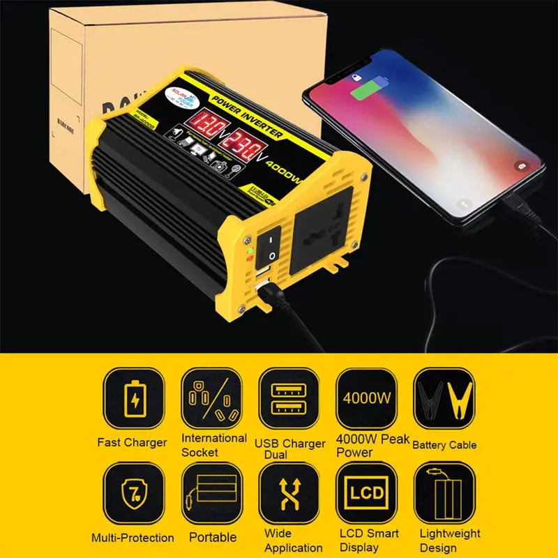 

Автомобильный инвертор напряжения, 12 В постоянного тока, 220 В, инвертор переменного тока с двумя портами USB, цифровой дисплей, автомобильный инвертор, мощность, аксессуары для интерьера автомобиля