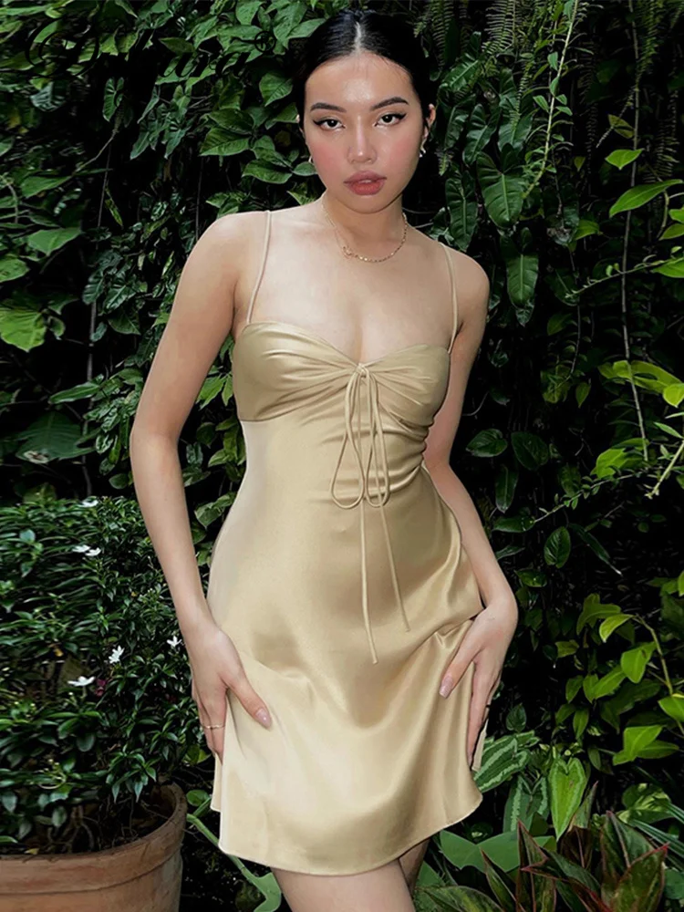 

Dulzura Summer Satin Y2K Clothes Lace Up Sleeveless Backless Hollow Out Bodycon Mini Dresses For Women 2022 Club Party Birthday