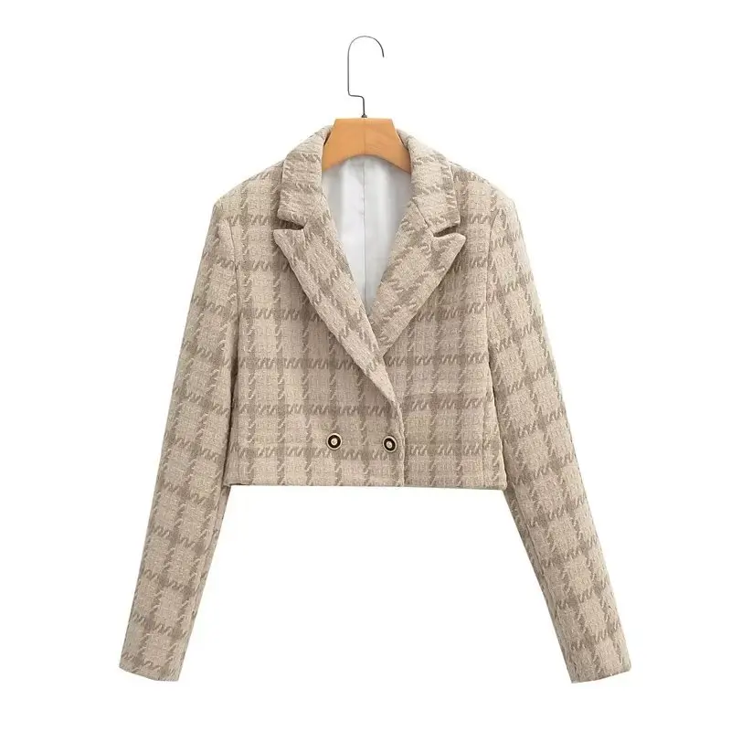 Autumn Winter Women Vintage Plaid Jacket Double Breasted Long Sleeve Short Suit Coat  Turndown Collar Tweed Woolen Outerwear