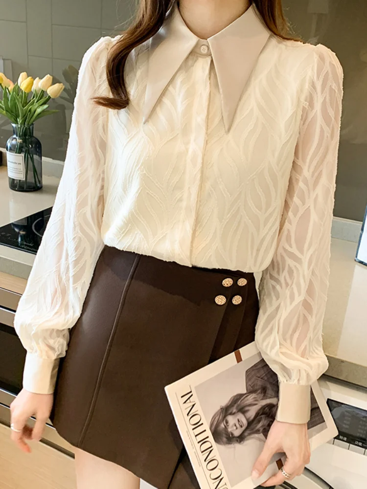 

Women Shirt Jacquard Lantern Long Sleeve Blouse Women Apricot Shirts for Women 2023 Fashion OL Female Clothing Basic Womens Tops