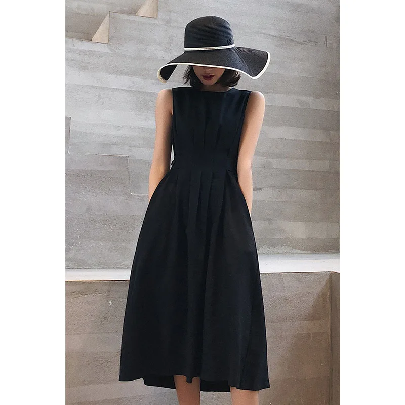 

Женское однотонное черное платье без рукавов, элегантное модное повседневное праздничное платье на бретельках с широким подолом и поясом н...